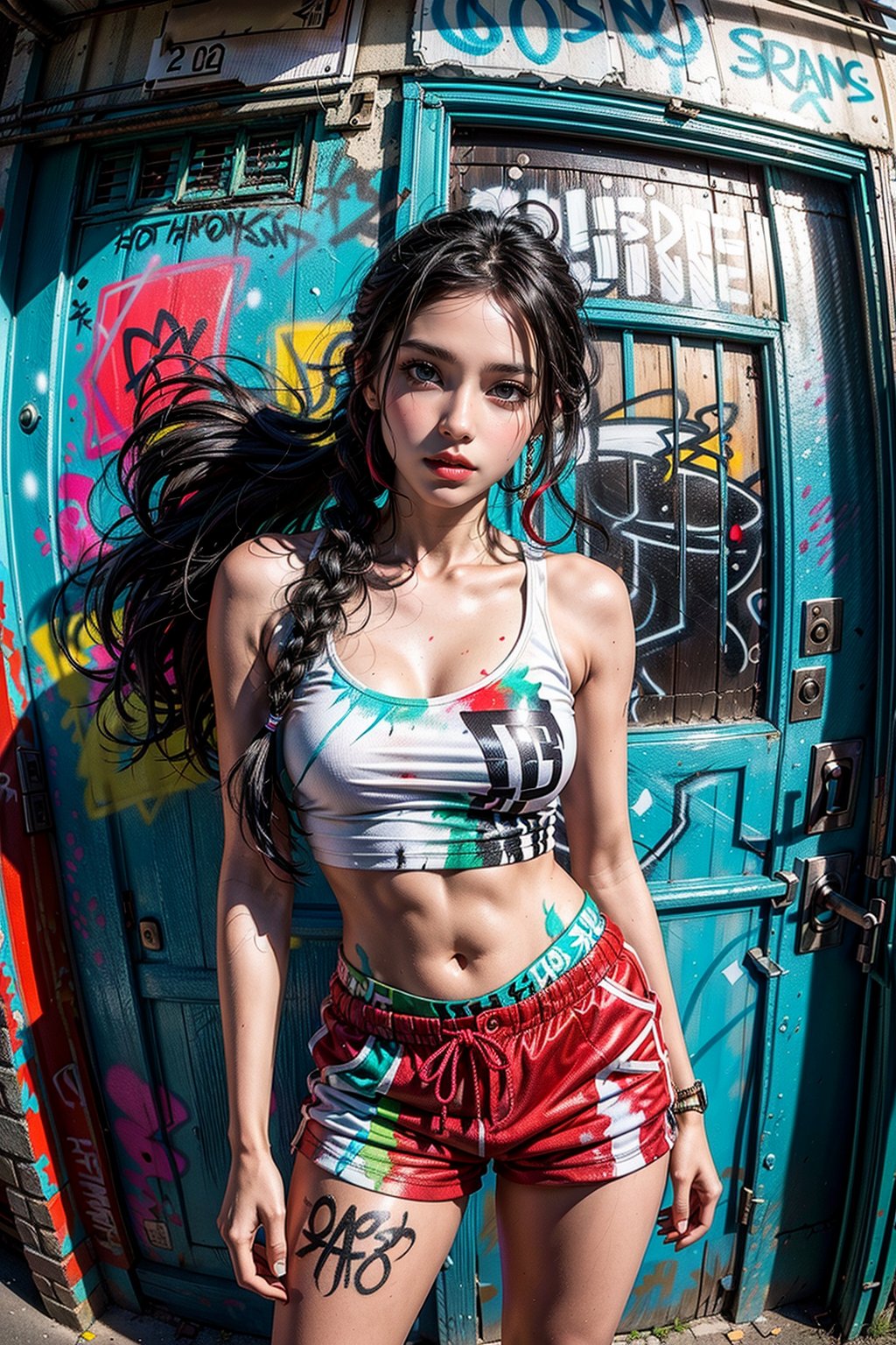 This image depicts a gorgeous girl with short, wavy long black hair, hair braid, standing in front of a graffiti-covered door. She's wearing a white tank top, with paint splatters in red, green, and other colors matching the vibrant background. Knight scene, The setting is urban and artistic, with the door and surrounding walls completely covered in colorful graffiti tags and street art camera view fisheye 