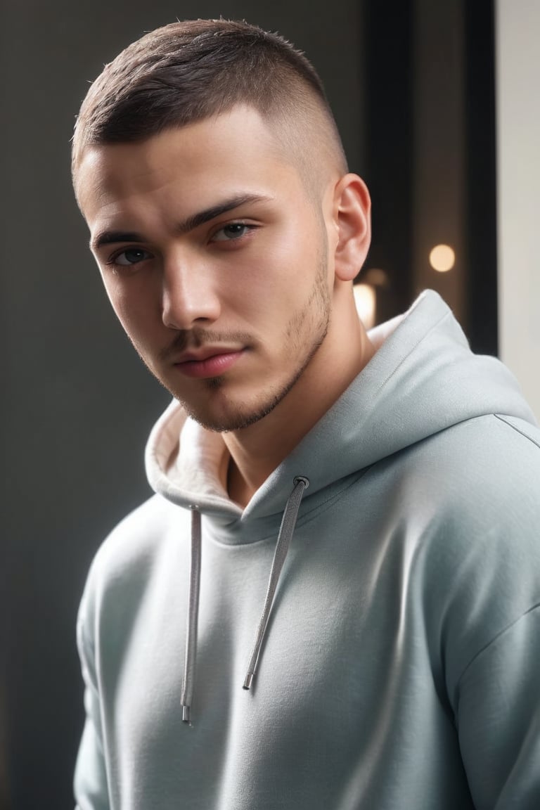 ((masterpiece)), ((best quality)), (((photo Realistic))), (3/4 portrait photo), (8k, RAW photo, best quality, masterpiece:1.2), handsome male wearing hoodie, (((bent over))) smile, buzz cut #2, attractive, flirting, (((upper body visible))), looking at viewer, portrait, photography, detailed skin, realistic, photo-realistic, 8k, highly detailed, full length frame, High detail RAW color art, diffused soft lighting, shallow depth of field, sharp focus, hyperrealism, cinematic lighting, 