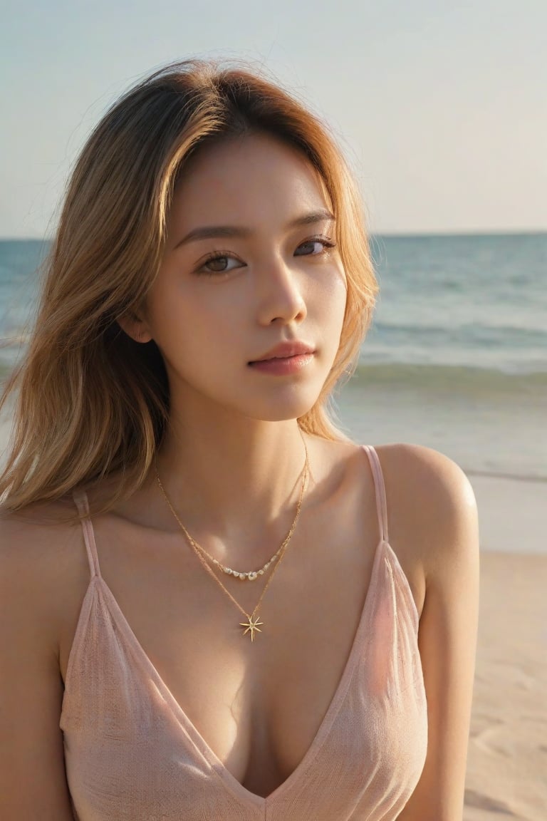 (Best quality, 8k, 32k, raw photo, photorealistic, UHD:1.2), A captivating image of Malaysian young woman with brautiful expressive eyes and blonde hair. She is leaning forward on a sun-drenched sandy beach, her pink sleeveless top and necklace glowing under the warm golden sunlight. The texture of the sand is expertly rendered, and the sun's rays dance on her face, accentuating her features. In the background, the gentle waves of the sea lap at the shore, and the slightly blurred horizon emphasizes the depth of the scene. This captivating image exudes relaxation and tranquility, perfect for a beachside scene.