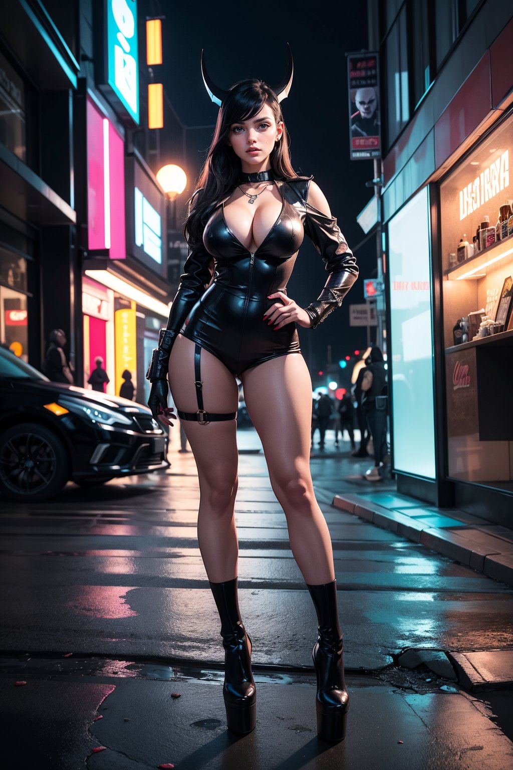 Hyperrealistic, 8k, Top quality, very sharp photo, photoreallistic, fille sexy, Large white border all round. A poster of batgirl extremely detailed eyes and face,portrait,bloody face,open flesh wounds,full body, high heels,scary creepy,grisly ominous,painted with vibrant oils, cyberpunk art by Maciej Kuciara, cgsociety, deconstructivism, darksynth, behance hd, dystopian art, illustration, full perfect body, sexy , tatoo on legs, necklace, platform high heels, black footwear, standing, city, night