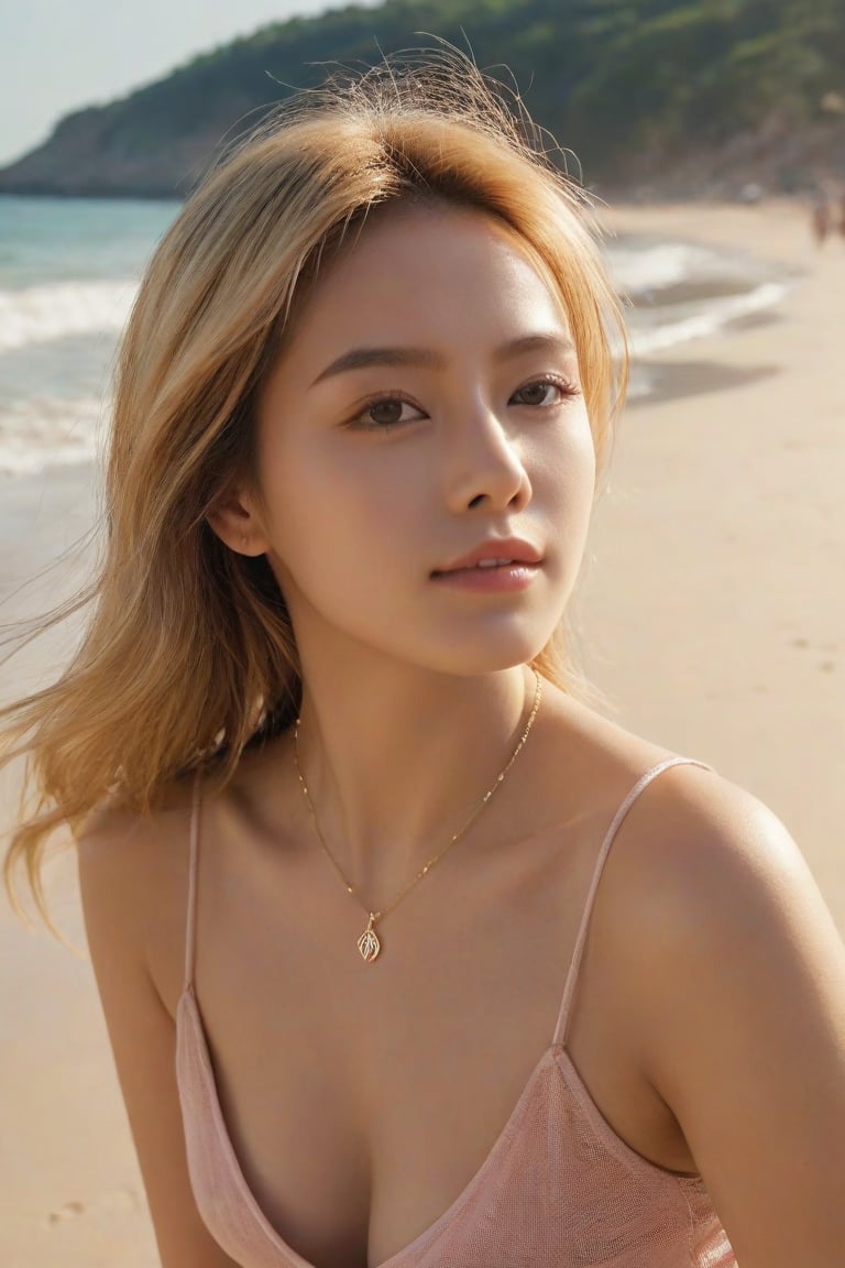 (Best quality, 8k, 32k, raw photo, photorealistic, UHD:1.2), A captivating image of Malaysian young woman with brautiful expressive eyes and blonde hair. She is leaning forward on a sun-drenched sandy beach, her pink sleeveless top and necklace glowing under the warm golden sunlight. The texture of the sand is expertly rendered, and the sun's rays dance on her face, accentuating her features. In the background, the gentle waves of the sea lap at the shore, and the slightly blurred horizon emphasizes the depth of the scene. This captivating image exudes relaxation and tranquility, perfect for a beachside scene.