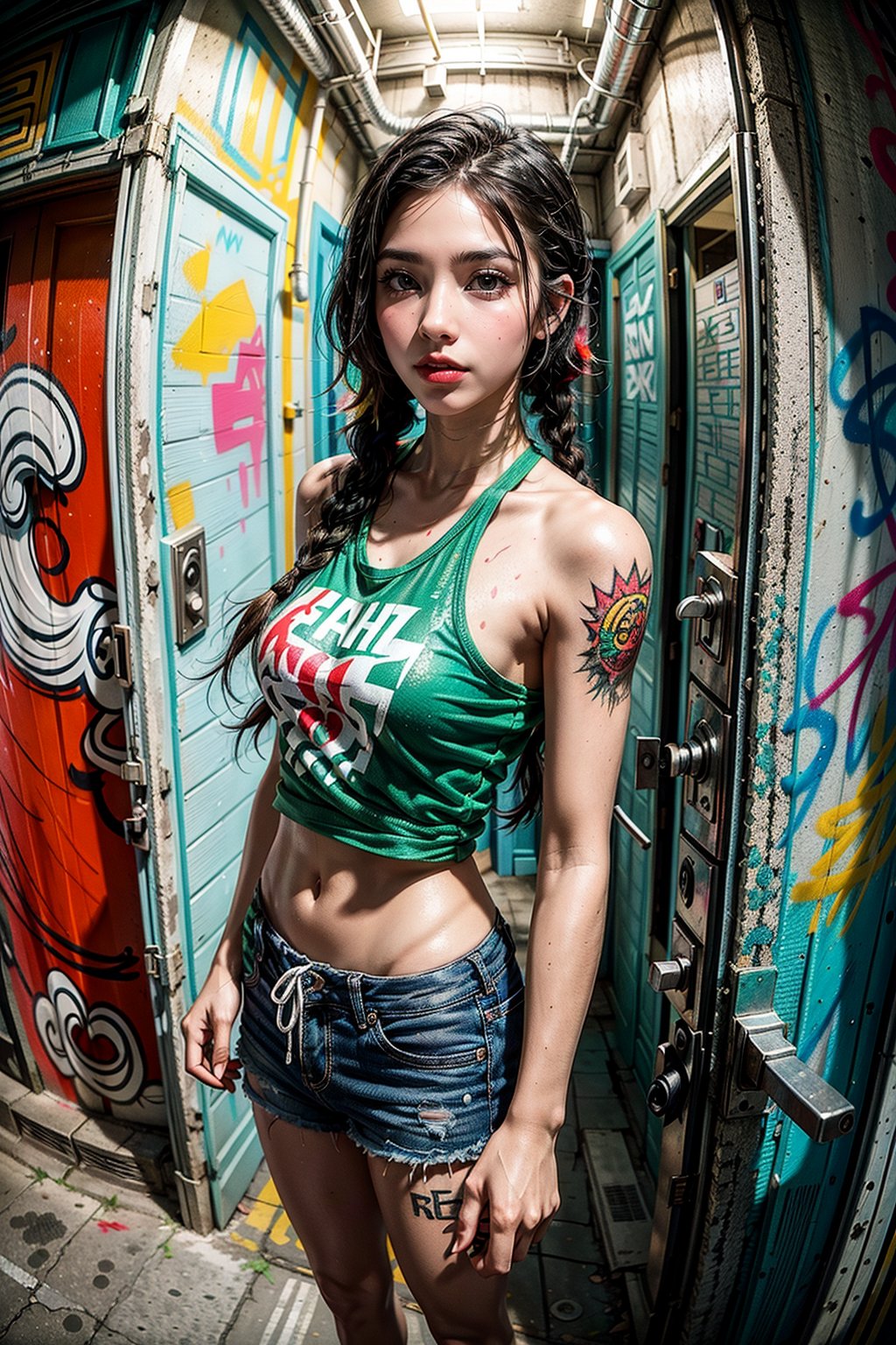 This image depicts a gorgeous girl with short, wavy long black hair, hair braid, standing in front of a graffiti-covered door. She's wearing a white tank top, with paint splatters in red, green, and other colors matching the vibrant background. Knight scene, The setting is urban and artistic, with the door and surrounding walls completely covered in colorful graffiti tags and street art camera view fisheye 