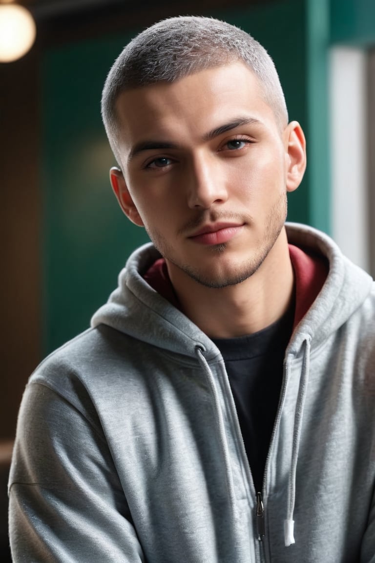 ((masterpiece)), ((best quality)), (((photo Realistic))), (3/4 portrait photo), (8k, RAW photo, best quality, masterpiece:1.2), handsome male wearing hoodie, (((bent over))) smile, buzz cut #2, attractive, flirting, (((upper body visible))), looking at viewer, portrait, photography, detailed skin, realistic, photo-realistic, 8k, highly detailed, full length frame, High detail RAW color art, diffused soft lighting, shallow depth of field, sharp focus, hyperrealism, cinematic lighting, 