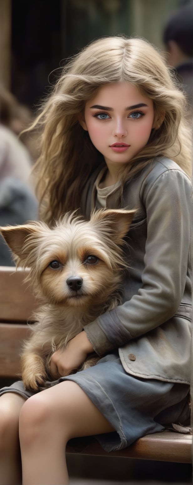 Textured, airbrush image of a little scruffy dog with long windswept hair rests its head on the thigh of a scruffy girl in tomboy clothing on a bench. Whimsical, enchanting, and rich in detail painting in the style of Jean-Baptiste Monge, muted color, shadows and contrast, highly detailed, dramatic lighting.