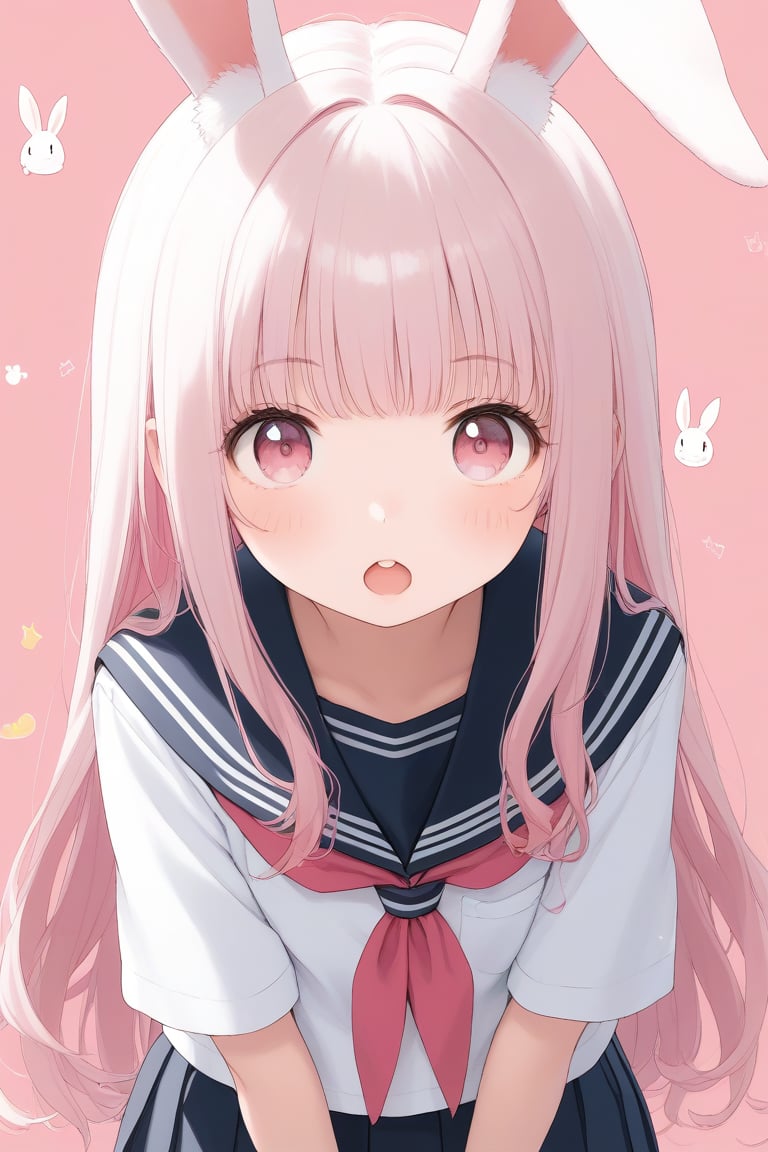 1girl, solo, long hair, looking at viewer, open mouth, animal ears, school uniform, pink hair, white hair, serafuku, pink eyes, rabbit ears, rabbit girl, pink theme