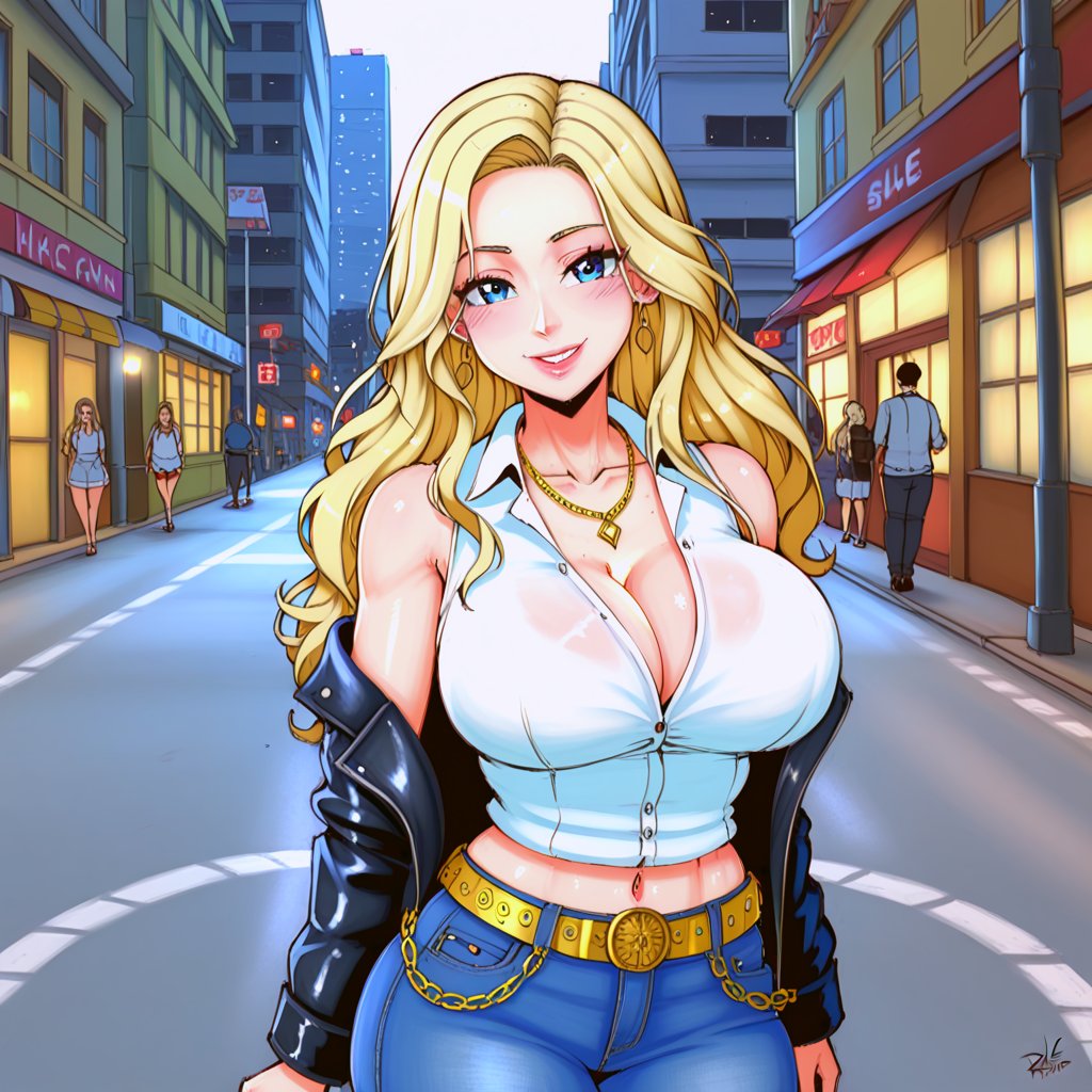 masterpiece, ultra detailed, 4k quality ,(HDR:1.4), pore and detailed, intricate detailed, graceful and beautiful textures, RAW photo,  cinematic lighting, (head to waist portrait), on the New-York city street, cute girl fused on ruby, beautiful face, elegant, light smile, light-blue eyes, blonde wavy long hair, smooth fair skin, thin necklace, belly button, big breasts, denim jacket with chain, collared shirt, thin chain belt,xxmix_girl, Sexy_Figure_Anime