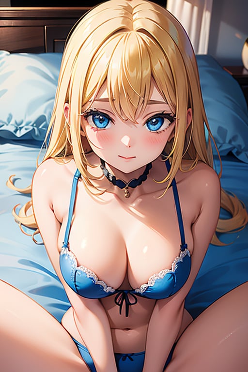 Pretty girl with a , in underwear, lying on a bed looking into the camera with blue eyes, yellow hair, anime, doggy style, pov,doggystyle