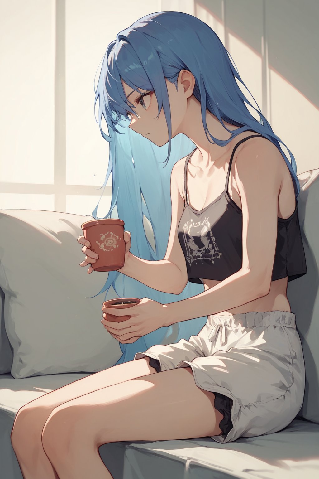 score_9, score_8_up, score_7_up, score_6_up, source_anime, 1girl, blue hair, long hair, 
black camisole, bloomers, sitting, holding cup, looking to the side, crop top, print,