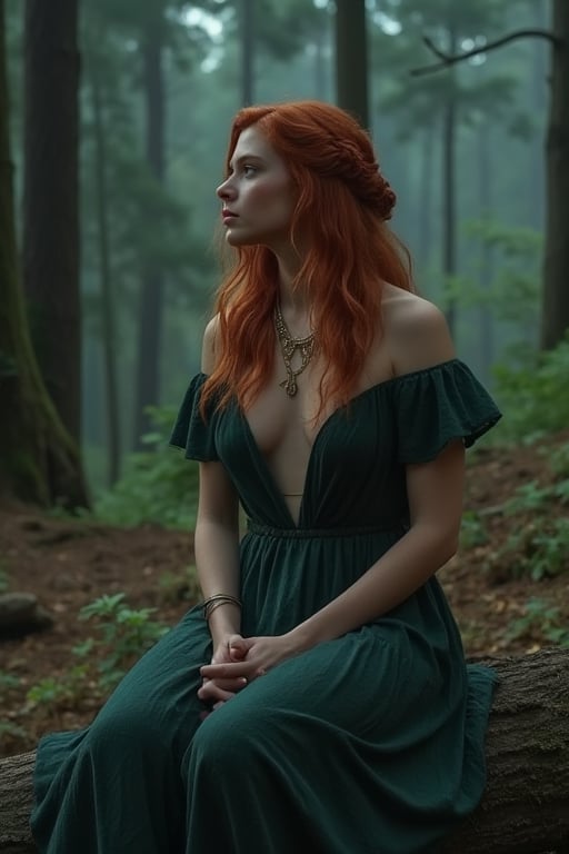 Sophia Lillis, celtic dress, forest, plunging neckline, pelvic curtain, twilight, sitting on a log