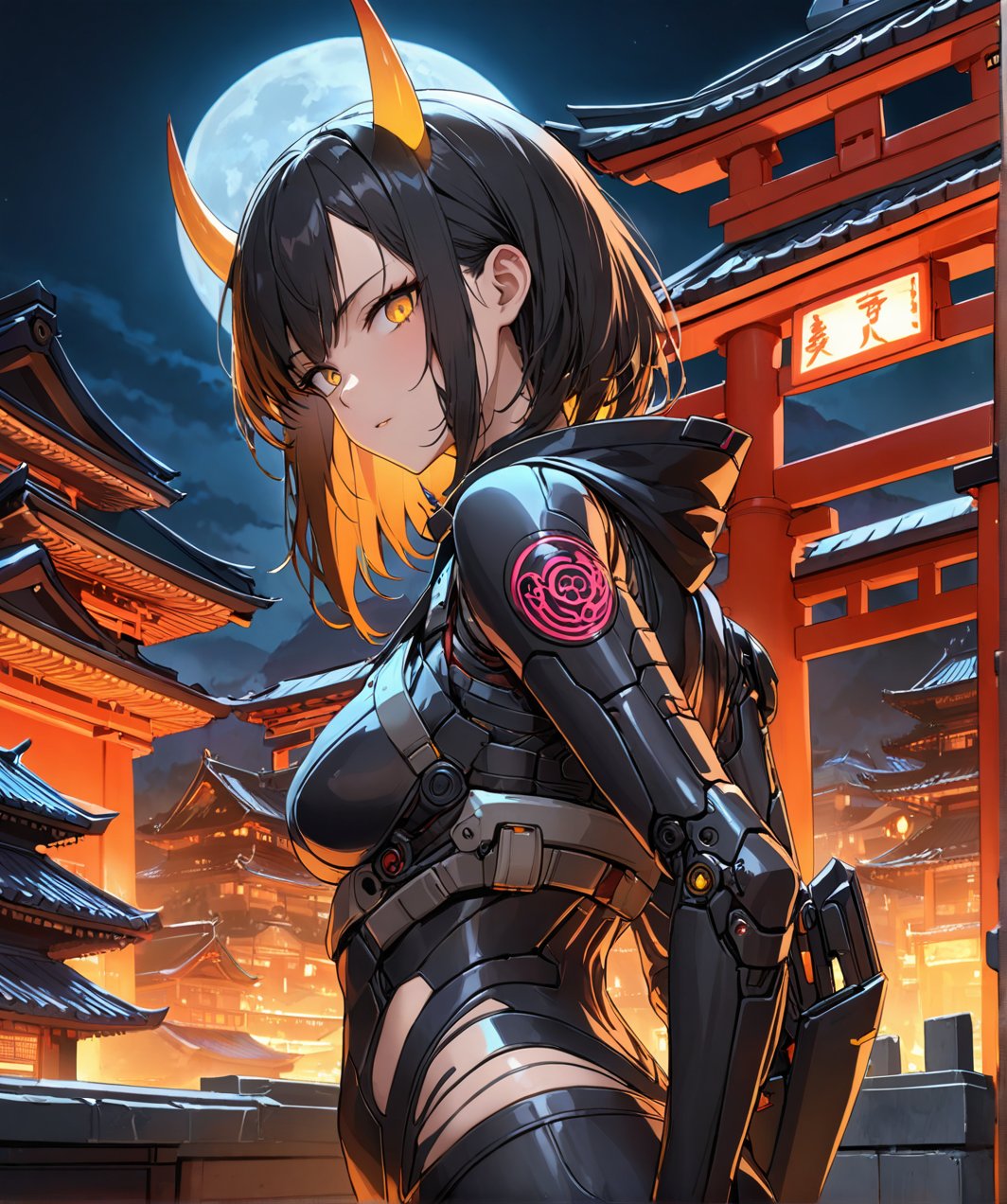 side view, look at camera,at night,half body shot,long black hair,1girl orange and black ghost ronin,horn on helmet,perfect body,yellow eye,super detail,sharp,masterpiece,cyberpunk meg suite,ronin costume,background is neon color,blue,orange, he stand on the roof top of temple ,katana.,cyborg,midnight,moon.