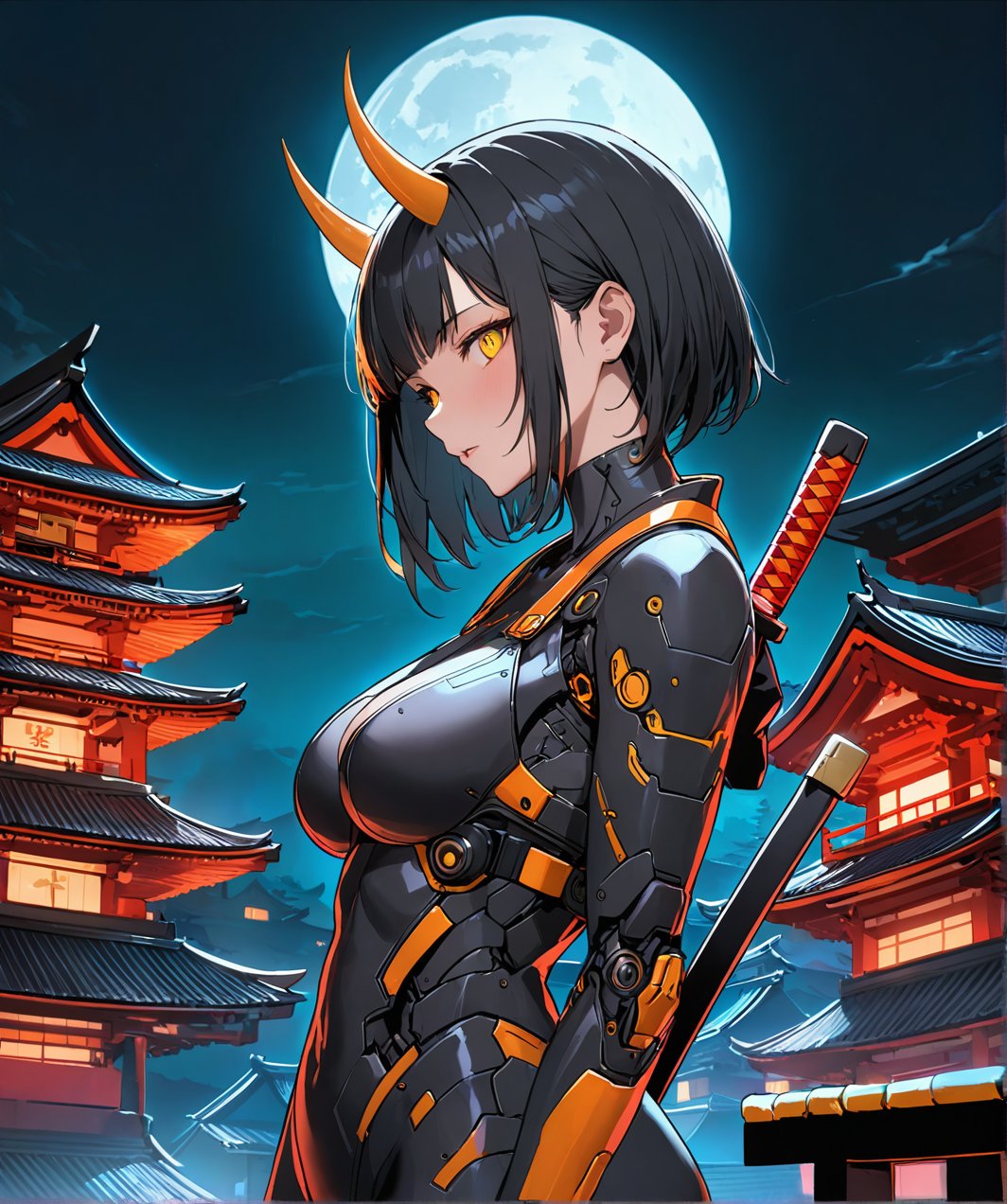 side view, look at camera,at night,half body shot,long black hair,1girl orange and black ghost ronin,horn on helmet,perfect body,yellow eye,super detail,sharp,masterpiece,cyberpunk meg suite,ronin costume,background is neon color,blue,orange, he stand on the roof top of temple ,katana.,cyborg,midnight,moon.