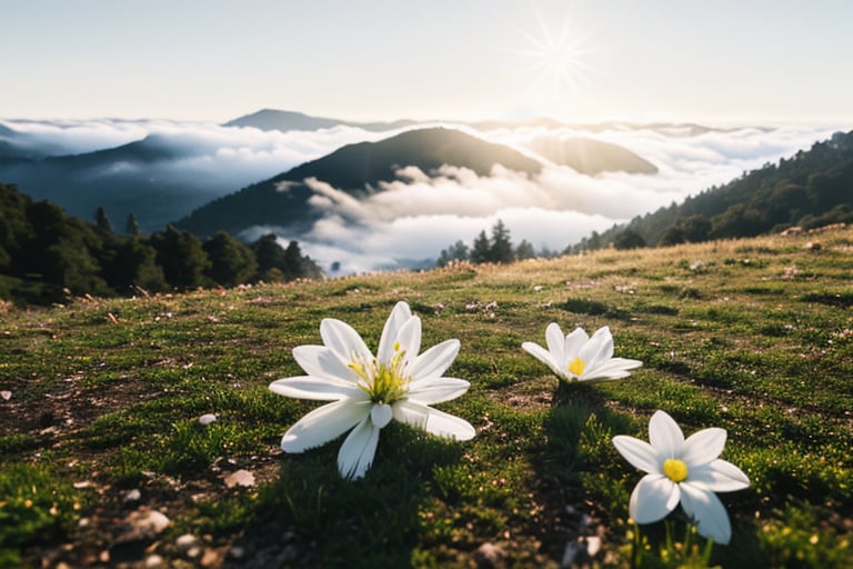 River, mountain, pine tree, green grass, white flower, sunshine, fog elegant and cool, full body, masterpiece, high quality realistic, aesthetic photography, cool tone, 16K, bright colour, (( Ultra sharp focus, pure perfection, ((64k:1.37 )), more detail XL, )), enhanced all, detailed skin, high_resolution isometric, trending on artstation,