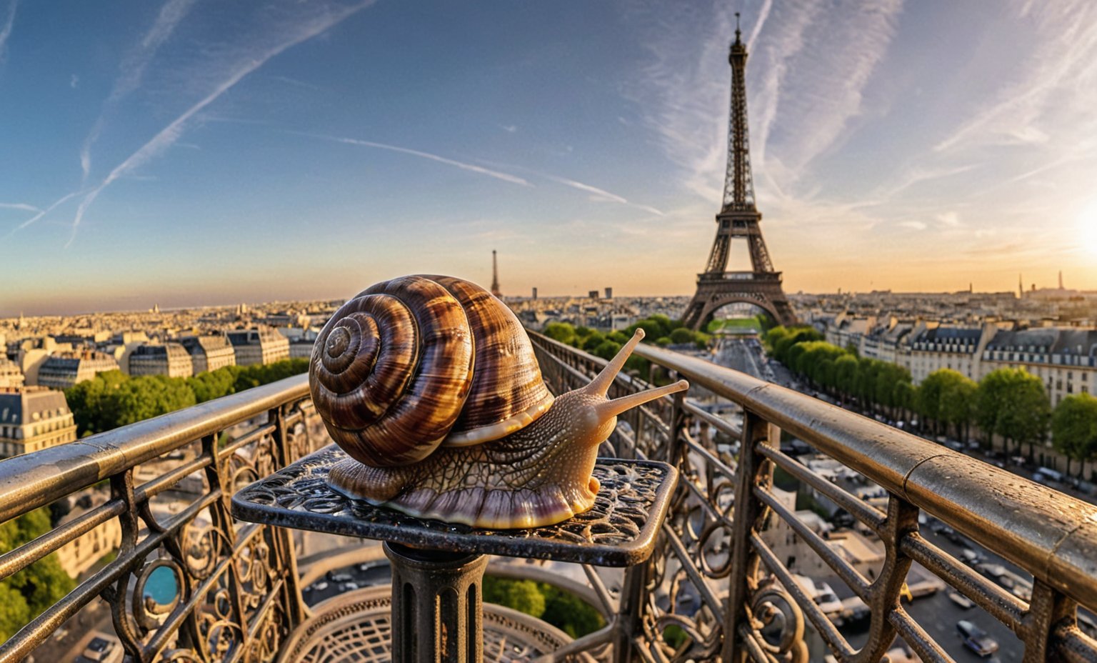 A majestic snail perched atop the iconic (Eiffel Tower), its slimy trail glistening in the soft golden light of dusk. With a playful grin, the snail holds up a miniature camera, capturing its momentous presence on the iron latticework with a fisheye lens, creating a warped yet whimsical 16:9 frame that distorts the Parisian cityscape into a surreal dreamscape.