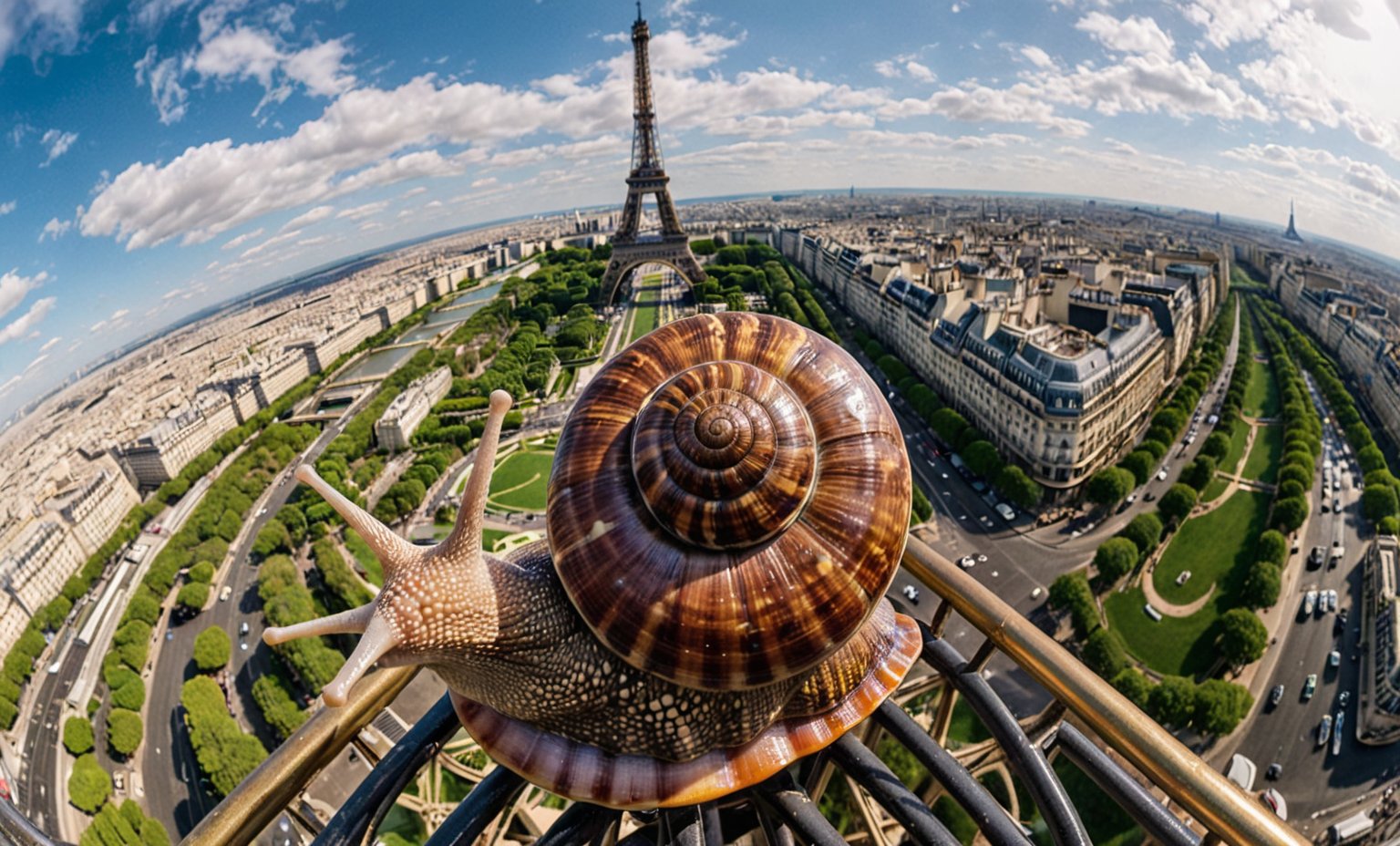 A (snail) on top of (the Eiffel Tower) takes a selfie with a fisheye lens 16:9
Mix and match the parentheticals for further shenanigans