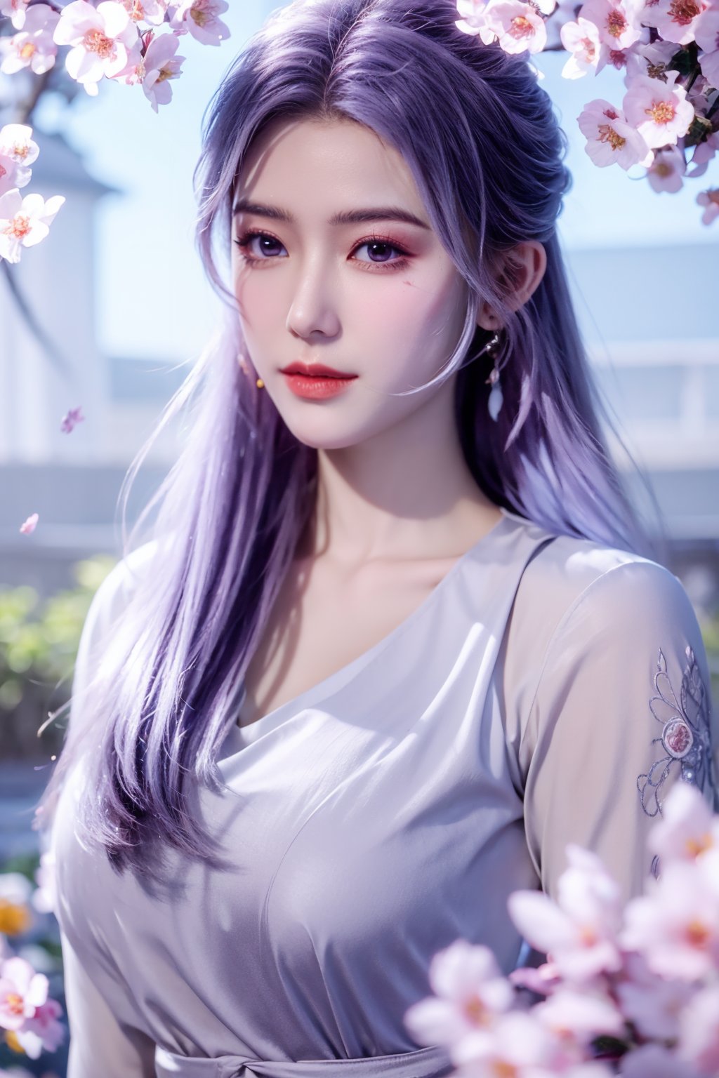 (masterpiece, best quality:1.2), highres, extremely detailed, 1 girl, purple hair, eye highlights,Red Long Ling Dress, frills, outdoors, flower, fluttering petals, upper body, depth of field,pastel color, Depth of field,garden of the sun,shiny,flowers, garden, 1girl, butterfly style, butterflies, ultra detailed, glary,Light, light particles,glitter,reflect,Xyunxiao,sky_moon