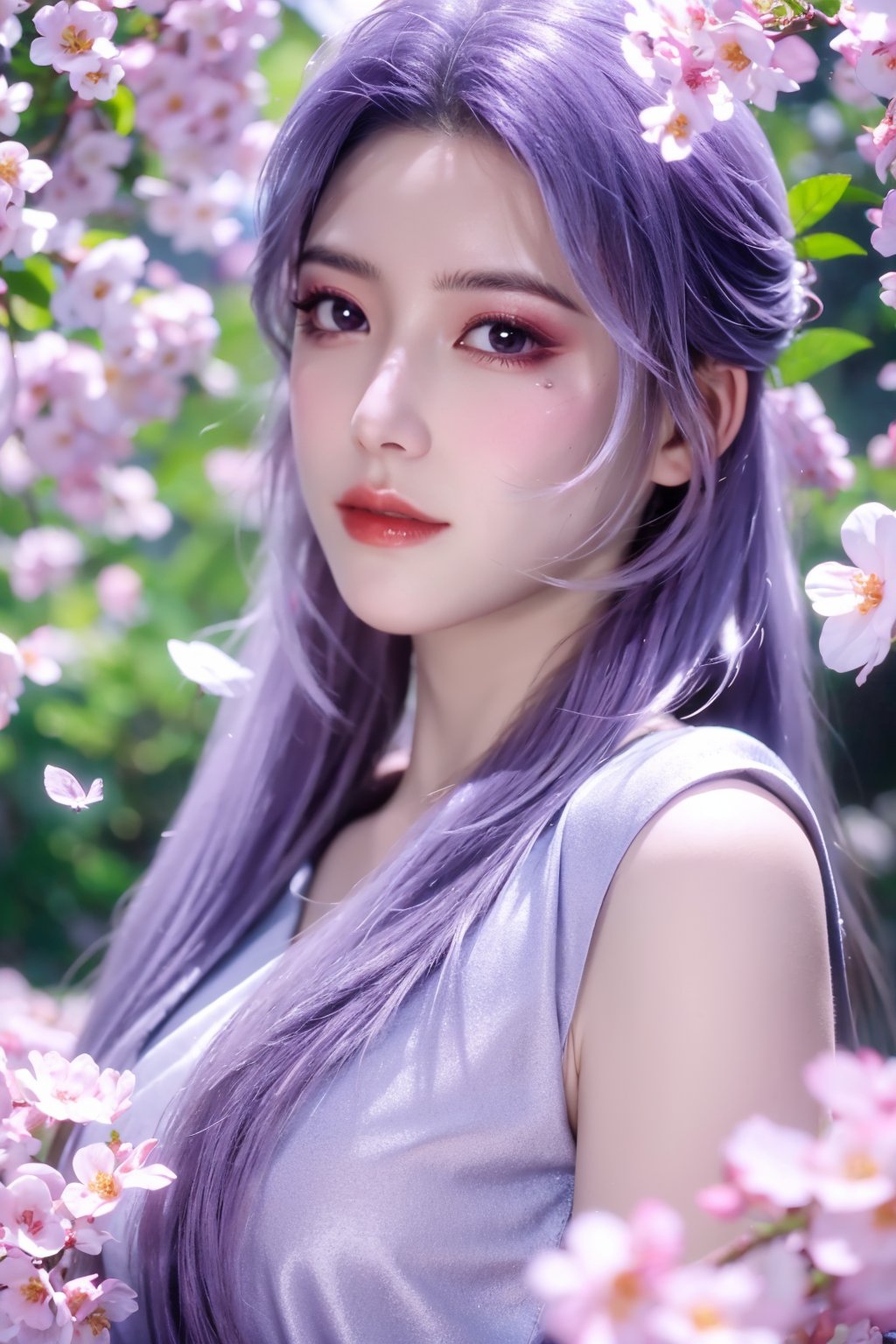 (masterpiece, best quality:1.2), highres, extremely detailed, 1 girl, purple hair, eye highlights,Red Long Ling Dress, frills, outdoors, flower, fluttering petals, upper body, depth of field,pastel color, Depth of field,garden of the sun,shiny,flowers, garden, 1girl, butterfly style, butterflies, ultra detailed, glary,Light, light particles,glitter,reflect,Xyunxiao,sky_moon