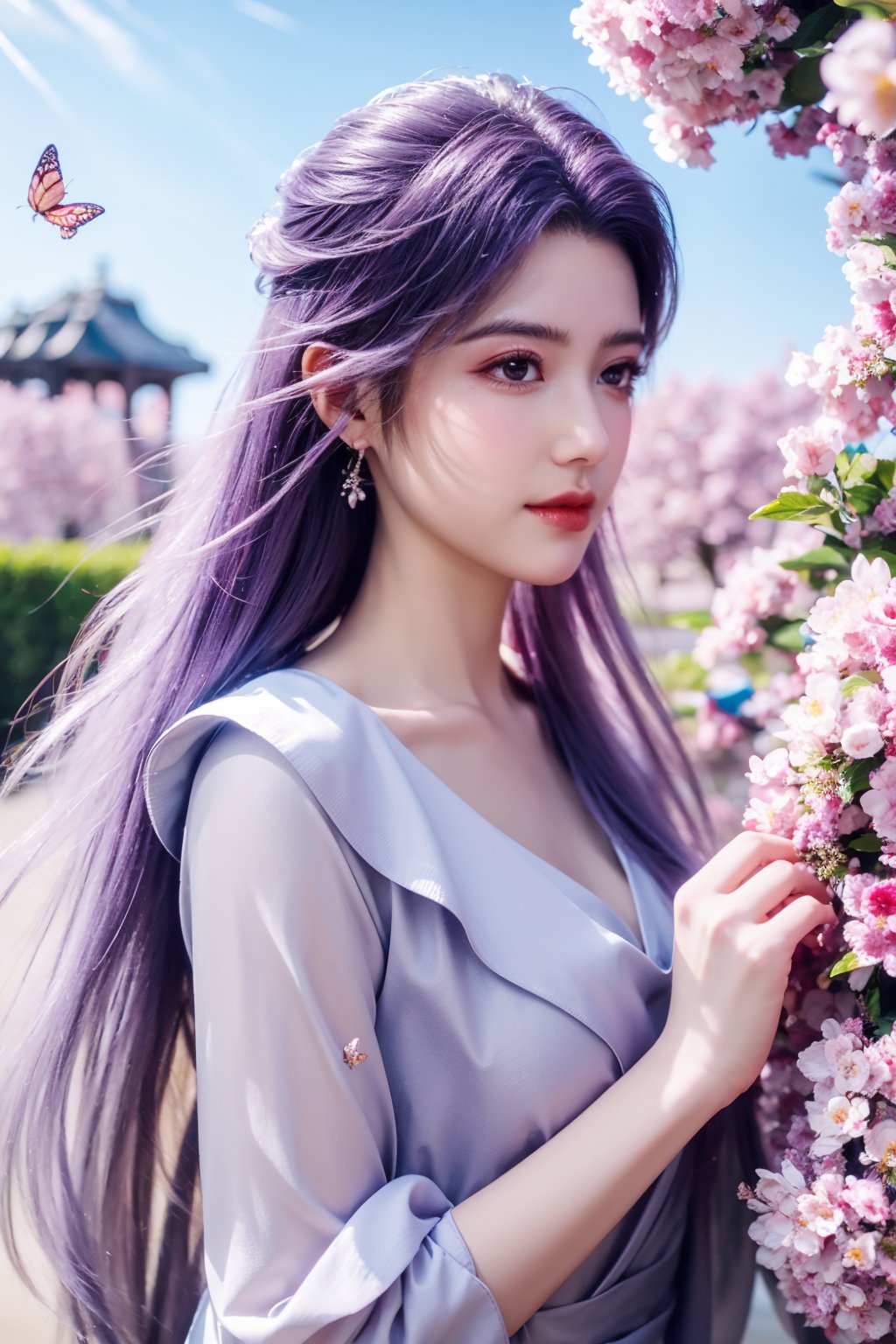 (masterpiece, best quality:1.2), highres, extremely detailed, 1 girl, purple hair, eye highlights,Red Long Ling Dress, frills, outdoors, flower, fluttering petals, upper body, depth of field,pastel color, Depth of field,garden of the sun,shiny,flowers, garden, 1girl, butterfly style, butterflies, ultra detailed, glary,Light, light particles,glitter,reflect,Xyunxiao,sky_moon