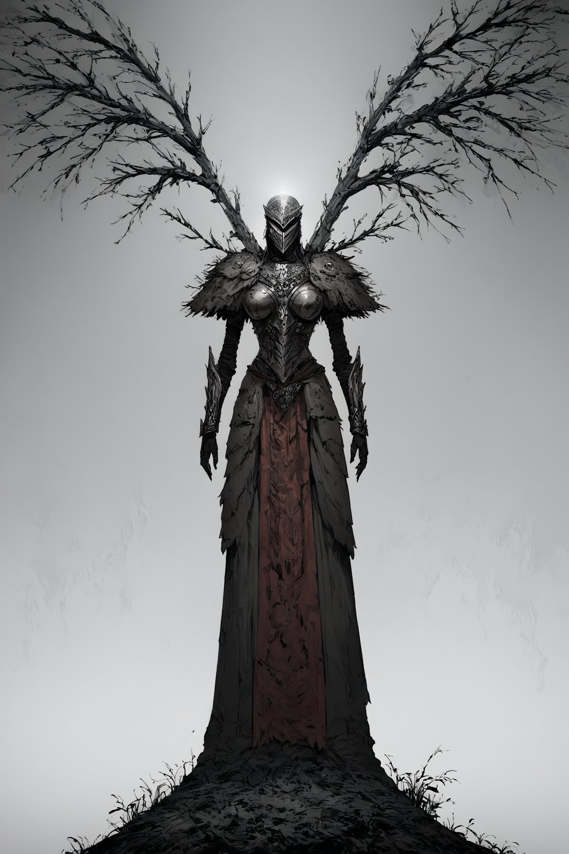 A dark and foreboding forest serves as the backdrop for a stunningly rendered Death Knight, a femme fatale with an air of mystique. She stands solo, her piercing gaze fixed ahead, surrounded by the eerie glow of luminescent fungi. Her armor, adorned with intricate engravings, seems to absorb the faint moonlight, casting long shadows across the misty terrain. The High-contrast lighting accentuates her angular features, while the composition creates a sense of unease and anticipation.

1girl, solo girl, HiRes Masterpiece, score_9,score_8_up,score_7_up,score_6_up