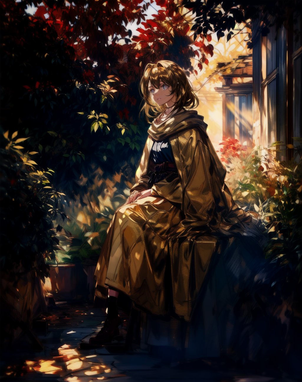 a young girl sits in a medieval courtyard at dusk, the evening light streaming through the autumn trees. she wears a cloak, gazing upward forlornly. ((((level horizon)))), (golden-hour lighting: 1.6),