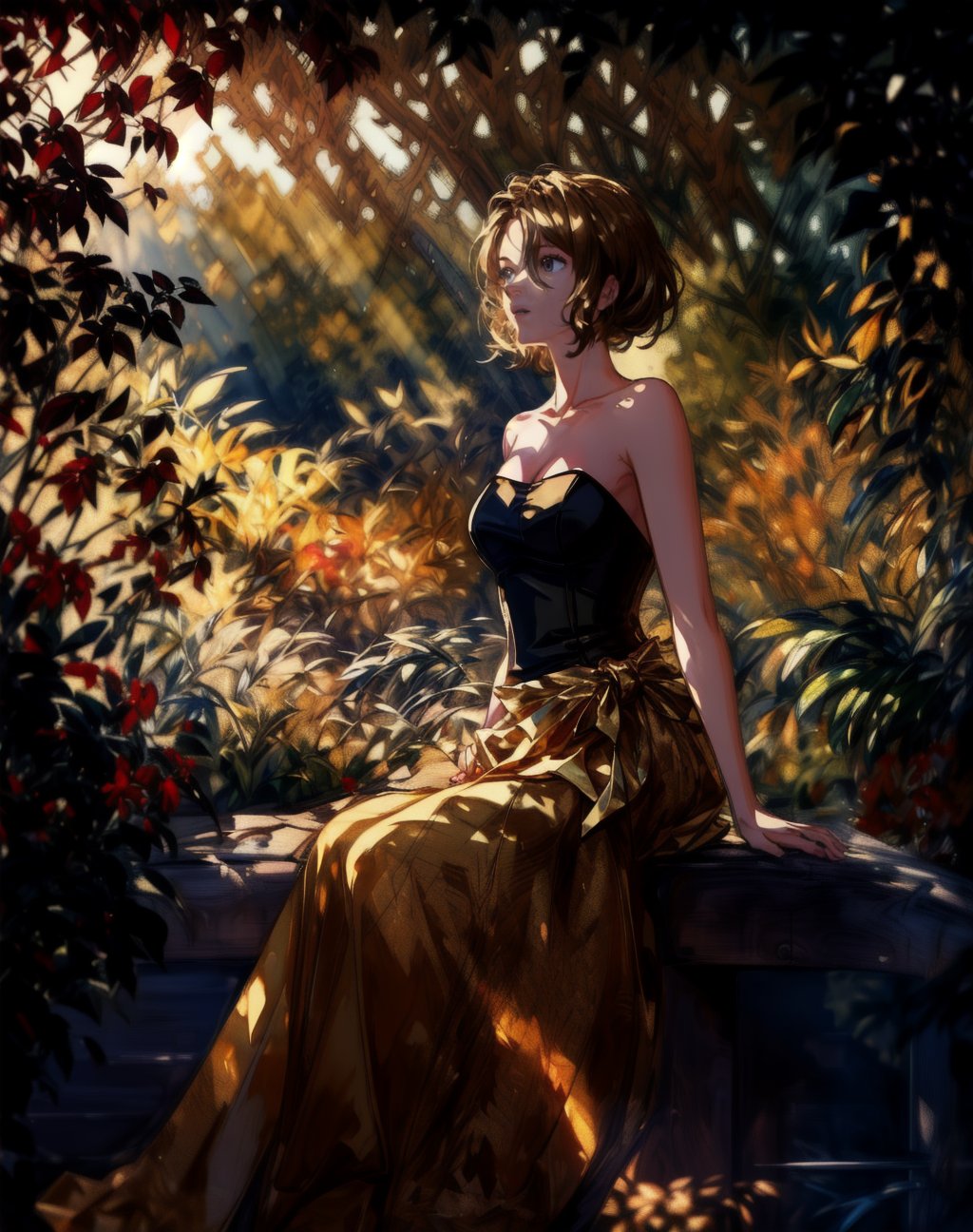 a young girl sits in a courtyard at dusk, the evening light streaming through the autumn trees. she wears a strapless form-fitting evening gown, gazing upward forlornly. ((((level horizon)))), (golden-hour lighting: 1.6),