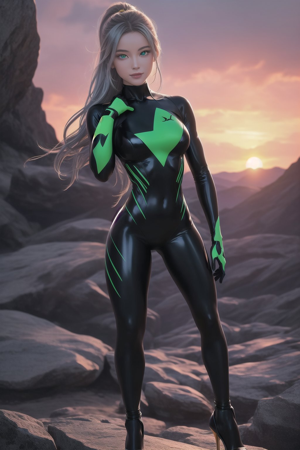 

Depict a stunning 25-year-old female figure wearing a skin-tight intricately complex cybernetic bodysuit with a black and silver body made of brushed titanium and polished tungsten. She is empty-handed.  Her face, with vivid kelly-green eyes, has a confident expression, while her lean athletic body showcases muscle definition (0.5) and wide hips (1.6). Medium breasts are subtly accentuated by the fitted suit. The figure stands in a contrapposto pose, one leg slightly bent, wearing stiletto heels that seem to defy gravity.

Set against a breathtaking rocky barren landscape without buildings and without structures, the model is framed within a beautiful sunset sky with hues of oranges, yellows, and pinks. The 8K resolution masterpiece features highly detailed textures, polished surfaces, and a tight focus that draws the viewer's eye to every aspect of this stunning image.