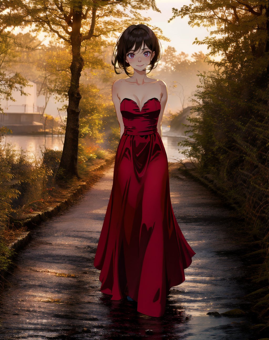 a beautiful young girl stands in a courtyard at dusk, with her hands behind her back. She wears a strapless maroon form-fitting satin evening gown, gazing upward wistfully. ((Her arms are bare.))