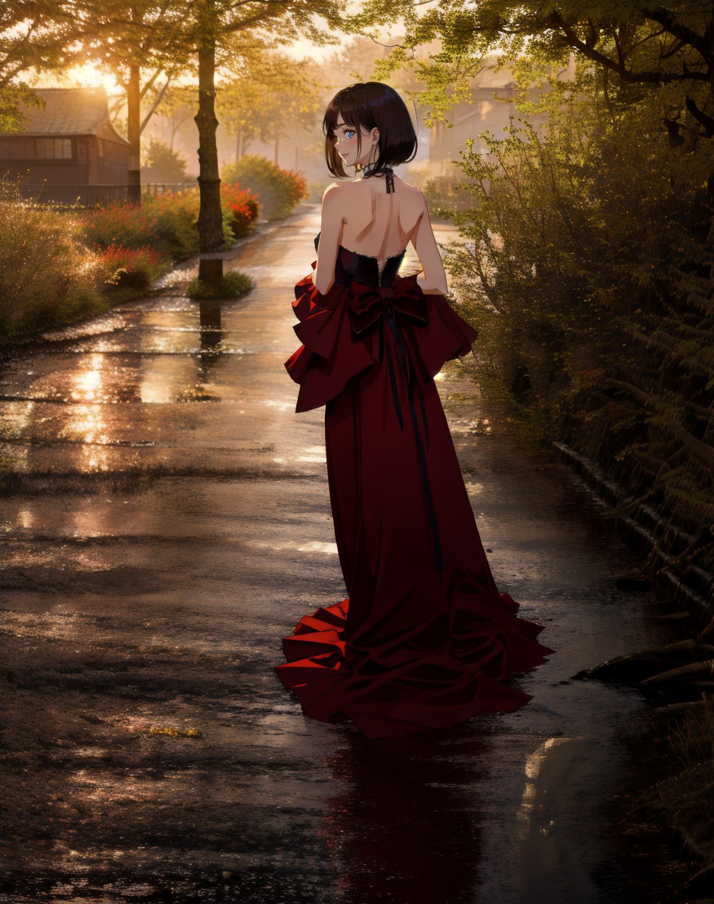 a beautiful young girl stands in a courtyard at dusk, with her hands behind her back. She wears a strapless sleeveless maroon form-fitting satin evening gown, gazing upward wistfully.