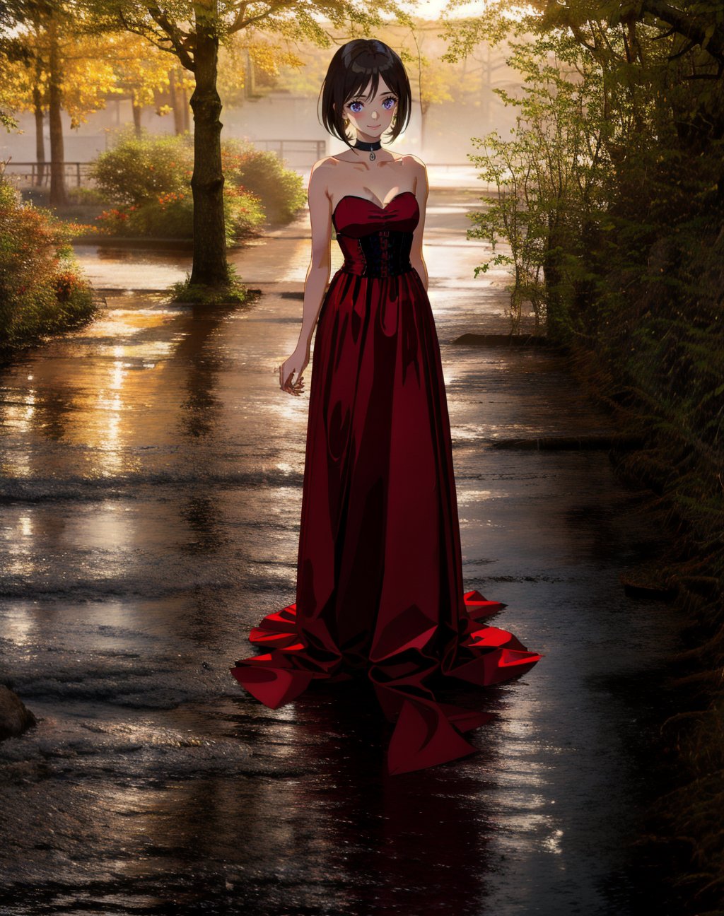 a beautiful young girl stands in a courtyard at dusk, with her hands behind her back. She wears a strapless sleeveless maroon form-fitting satin evening gown and choker, gazing upward wistfully. Her arms are bare