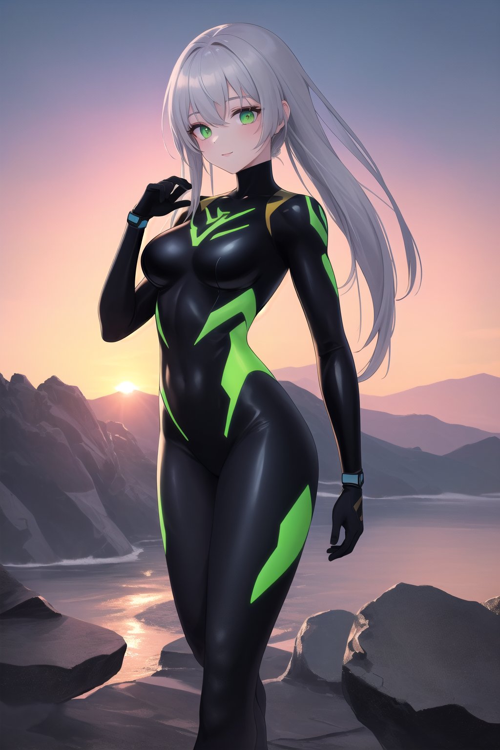 

Depict a stunning 25-year-old female figure wearing a skin-tight intricately complex cybernetic bodysuit with a black and silver body made of brushed titanium and polished tungsten. She is empty-handed.  Her face, with vivid kelly-green eyes, has a confident expression, while her athletic body showcases muscle definition (0.5) and wide hips (1.6). Medium breasts are subtly accentuated by the fitted suit. The figure stands in a contrapposto pose, one leg slightly bent, wearing stiletto heels that seem to defy gravity. ((3/4 view))

Set against a breathtaking rocky barren landscape without buildings and without structures, the model is framed within a beautiful sunset sky with hues of oranges, yellows, and pinks. The 8K resolution masterpiece features highly detailed textures, polished surfaces, and a tight focus that draws the viewer's eye to every aspect of this stunning image.
