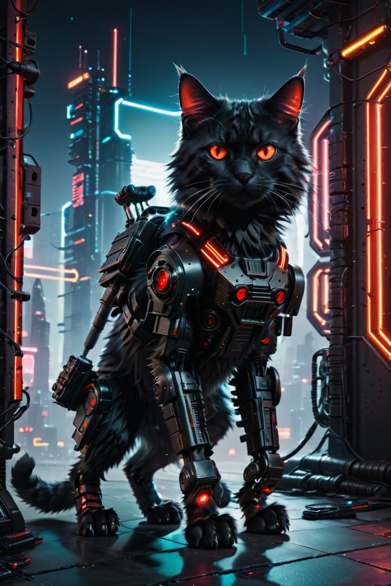 small scruffy male cat standing on four legs, realistic dark black fur, futuristic, perfect shadows, cyberpunk, fangs, (((robotic red eyes))), robotic legs, dark futuristic city street background, full body, hyper realistic photo, small sized anthro cat, rusty broken metal, night time, neon lights, intricate, highly detailed, moody lighting, scifiurban, cybernetic cat legs, more detail xl, ((cat paws)), ((holding cyberpunk gun)), Mohawk, ultra intricately detailed 3D render, hyper realistic, 4k hdr, robotic armour
