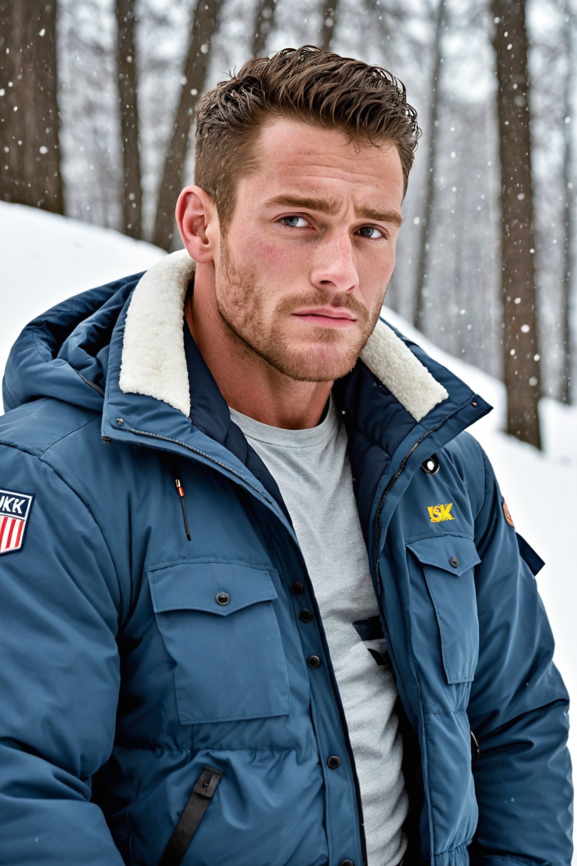 More detail xl, (handsome college boy), defined muscles, stubble, wearing ski jacket, cinematic masterpiece, snow background, snowing