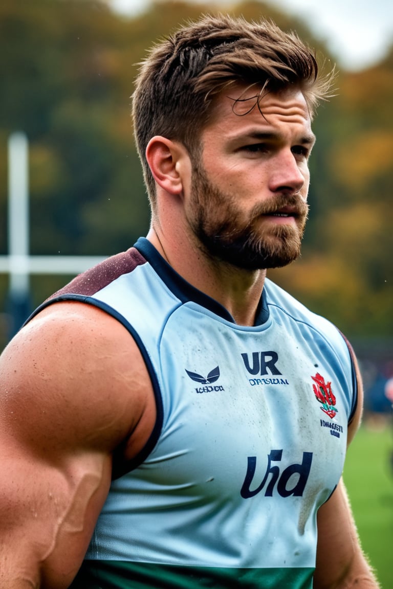 ultra realistic photo of scruffy college male rugby player on rugby field, ((dirty)), muscular, toned arms, sleeveless top, 4k hdr, sharp focus, highly detailed,