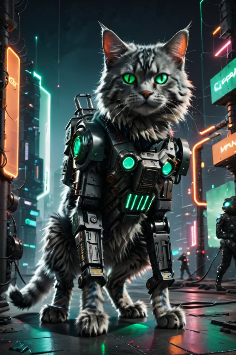 small scruffy male cat standing on four legs, realistic grey fur, futuristic, perfect shadows, cyberpunk, fangs, (((robotic green cat eyes))), robotic legs, dark futuristic city street background, full body, hyper realistic photo, small sized anthro cat, rusty broken metal, night time, neon lights, intricate, highly detailed, moody lighting, scifiurban, cybernetic cat legs, more detail xl, ((cat paws)), ((holding cyberpunk gun)), Mohawk, ultra intricately detailed 3D render, hyper realistic, 4k hdr, sharp focus, robotic armour