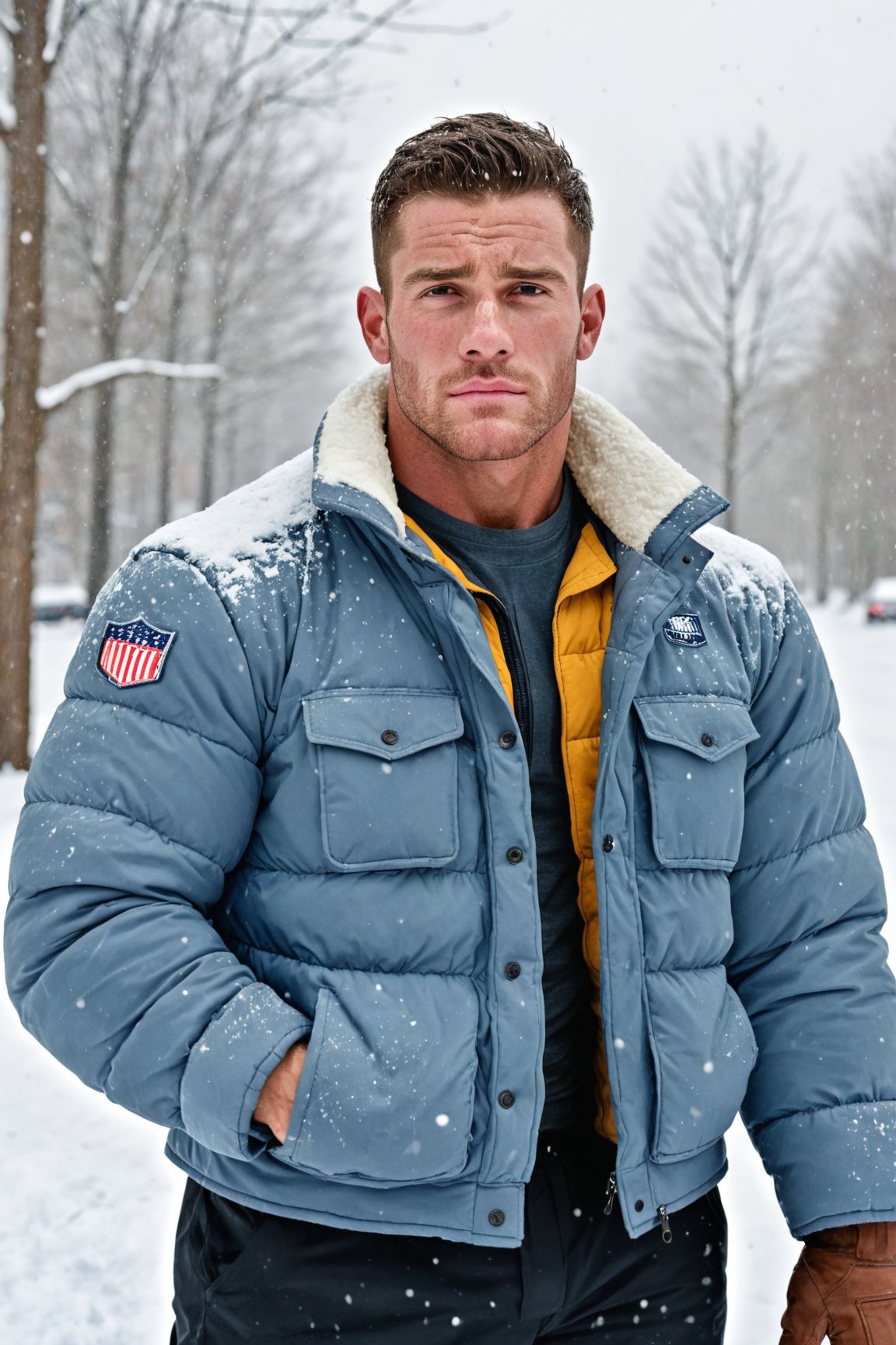 More detail xl, (handsome college boy), defined muscles, stubble, wearing snow jacket, cinematic masterpiece, snow background, snowing, laying in snow