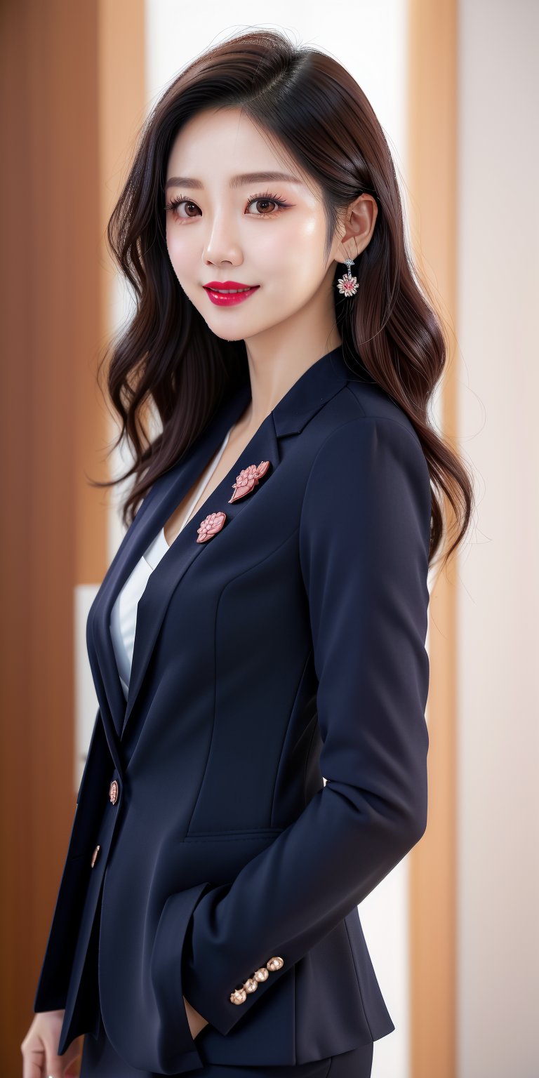 (8k, RAW photo, best quality, masterpiece:1.2), (realistic, photo-realistic:1.4), ultra-detailed, (Kpop idol),perfect detail ,  looking at viewer,make up,Taiwanese female news anchor, 24 years old, wavy black hair, brown highlights, large expressive eyes, long eyelashes, fair complexion, rosy blush, extremely beautiful, small cherry mouth, smiling lips, lipstick, slightly sensual, professional, elegant, royal blue suit, smooth delicate skin,office_lady_uniform,portrait