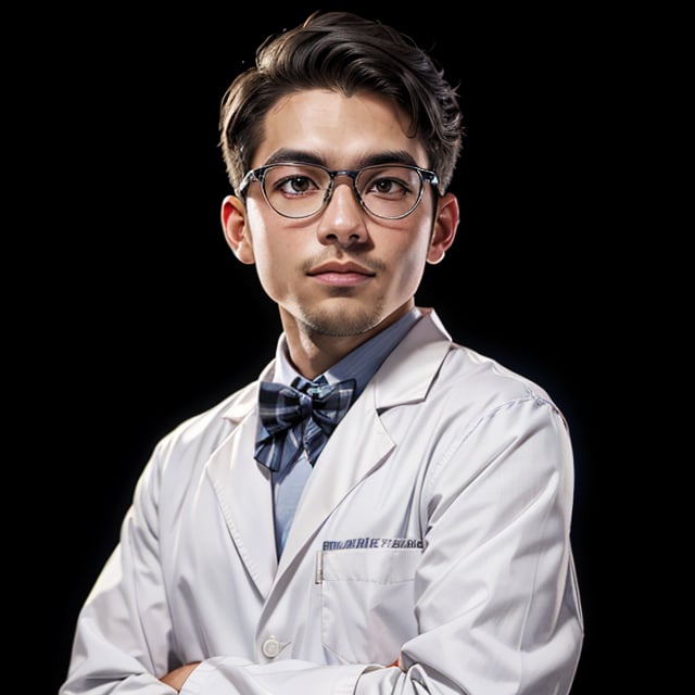 solo, looking at viewer, simple background, shirt, black hair, 1boy, upper body, male focus, glasses, bowtie, crossed arms, black background, realistic,portrait,lab coat,masterpiece