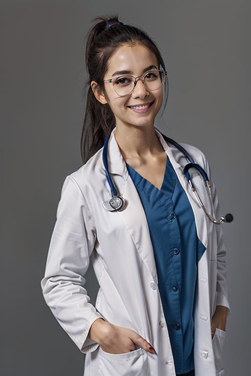 1girl, solo, looking at viewer, smile, simple background, black hair, ponytail, glasses, grey background, black eyes, lips, hand in pocket, realistic, labcoat, stethoscope, doctor,portrait,lab coat