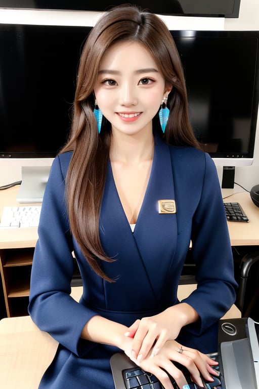 1girl, solo, long hair, looking at viewer, smile, brown hair, long sleeves, dress, brown eyes, jewelry, earrings, blue dress, computer, monitor, laptop, keyboard \(computer\),office_lady_uniform,stand