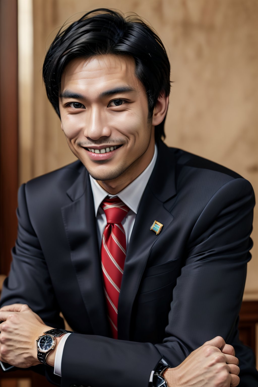 solo, looking at viewer, black hair, 1boy, male focus, necktie, parody, formal, crossed arms, suit, red necktie, watch, realistic, wristwatch,smile,asian man,Detailedface,detailed eyes