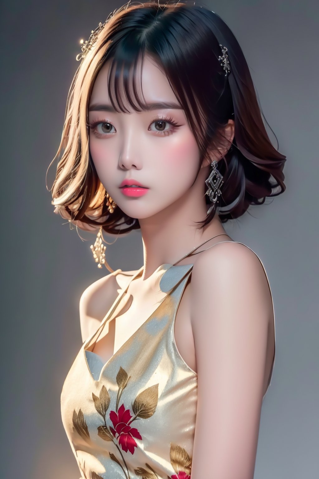 (8k, RAW photo, best quality, masterpiece:1.2), (realistic, photo-realistic:1.4), ultra-detailed, (Kpop idol),perfect detail , looking at viewer,make up,1girl, solo, breasts, short hair, bangs, simple background, black hair, red eyes, dress, bare shoulders, sitting, tail, full body, red hair, multicolored hair, parted lips, sleeveless, grey background, white dress, two-tone hair, bare arms, sleeveless dress, arm support, chinese clothes, china dress, side slit, colored inner hair, yokozuwari, fish tail, print dress