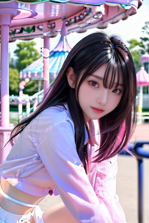 background is amusement park,
18 yo, 1 girl, beautiful korean girl,
wearing white collared long sleeve shirts,short pants, smile,riding a merry-go-round, solo, {beautiful and detailed eyes}, dark eyes, calm expression, delicate facial features, ((model pose)), Glamor body type, (dark hair:1.2), very_long_hair, hair past hip, bangs, straight pink hair, flim grain, realhands, masterpiece, Best Quality, 16k, photorealistic, ultra-detailed, finely detailed, high resolution, perfect dynamic composition, beautiful detailed eyes, eye smile, ((nervous and embarrassed)), sharp-focus, full_body, cum_on_mouth