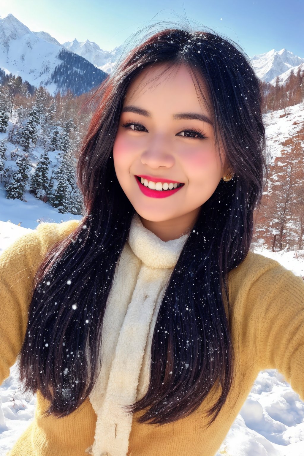 beautiful cute young attractive girl indian, teenage girl, village girl,18 year old,cute, instagram model,long black hair .color hairDescribe the enchanting scene of a cute girl joyfully playing amidst the pristine snow-capped peaks of the Himalayas. Capture the essence of her laughter echoing through the mountains, the sparkle in her eyes as she builds snowmen, and the warmth of her smile contrasting against the snowy landscape, indian hot ,little smiling, smooth face,Saree,