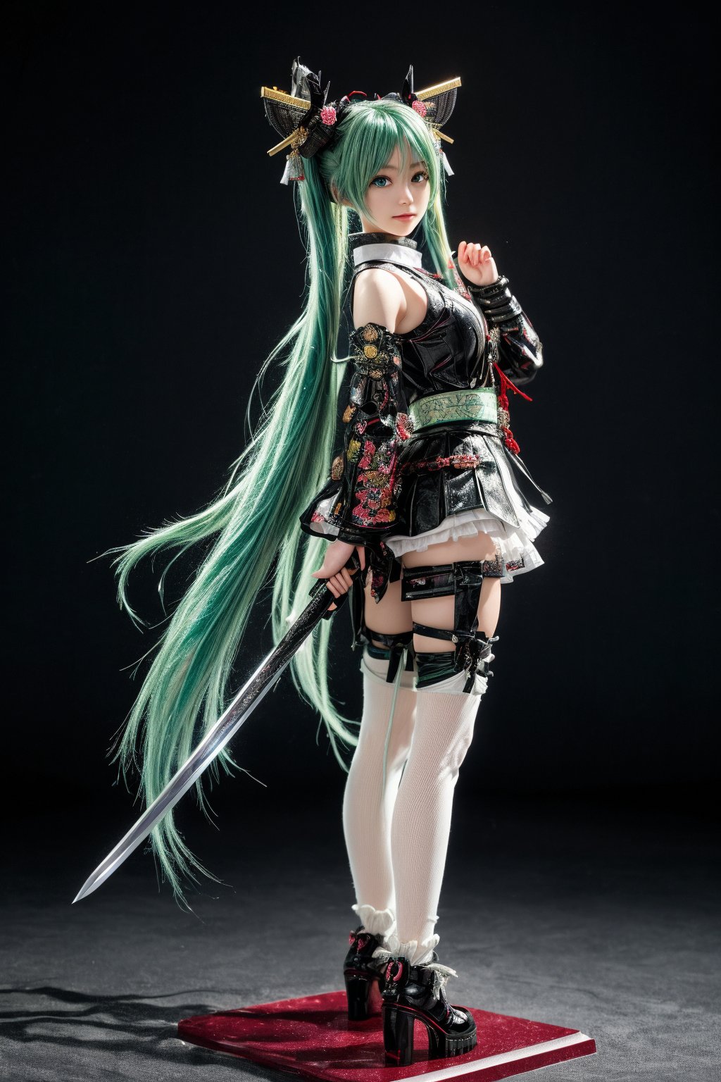 ((1 female)), Hatsune Miku, petite girl, full body, chibi, 3D figure little girl, green hair, twintails, beautiful girl with attention to detail, beautiful delicate eyes, detailed face, beautiful eyes, Japanese Warring States Period Samurai, Wearing Traditional Samurai Armor, Holding a Sword Poised, detail, dynamic beautiful pose, dynamic pose, gothic architecture, natural light, ((real)) Quality: 1.2 )), Dynamic Distance Shot, Cinematic Lighting, Perfect Composition, Super Detail, Official Art, Masterpiece, (Best) Quality: 1.3), Reflections, High Resolution CG Unity 8K Wallpaper , Detailed Background, Masterpiece, ( Photorealistic): 1.2), random angle, side angle, chibi, whole body, mikdef,