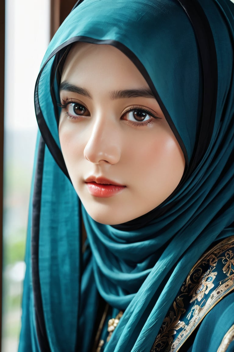 there is a woman wearing a hijab looking out a window, hijab, veiled, black hijab, veiled face, beautiful delicate face, very beautiful girl, lovely delicate face, pale-skinned persian girl, beautiful korean woman, beautiful, high quality portrait, portait photo profile picture, traditional beauty, very extremely beautiful, muslim, beautifully, beautiful girl, SIMPLEPOSITIVEXLV2, (best quality,4k,8k,highres,masterpiece:1.2), ultra-detailed, studio lighting, ultra-fine painting, sharp focus, physically-based rendering, extreme detail description, professional, vivid colors, fantasy, black eyes, xxmix_girl,More Reasonable Details