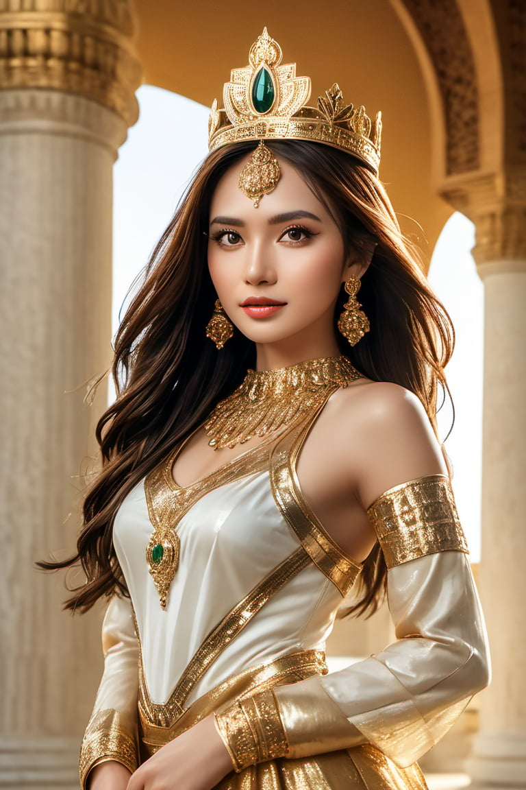 A majestic Desert Princess inspired by the legendary Kleopatra VII Filopator. A stunning beauty with medium breasts and a sultry pose, adorned with the Mesir Crown amidst golden themes. Long brown hair cascades down her back as she wears a radiant smile, her lips glosed in subtle allure. In front of the grand Duduk Sexi di Singgasana Istana Megah palace, surrounded by white marble columns and lush greenery, this masterpiece is set against a sun-kissed backdrop, radiating warmth and sensuality. Shot in 8K raw photo quality, every detail shines with ultra-realism, capturing the essence of a true work of art.