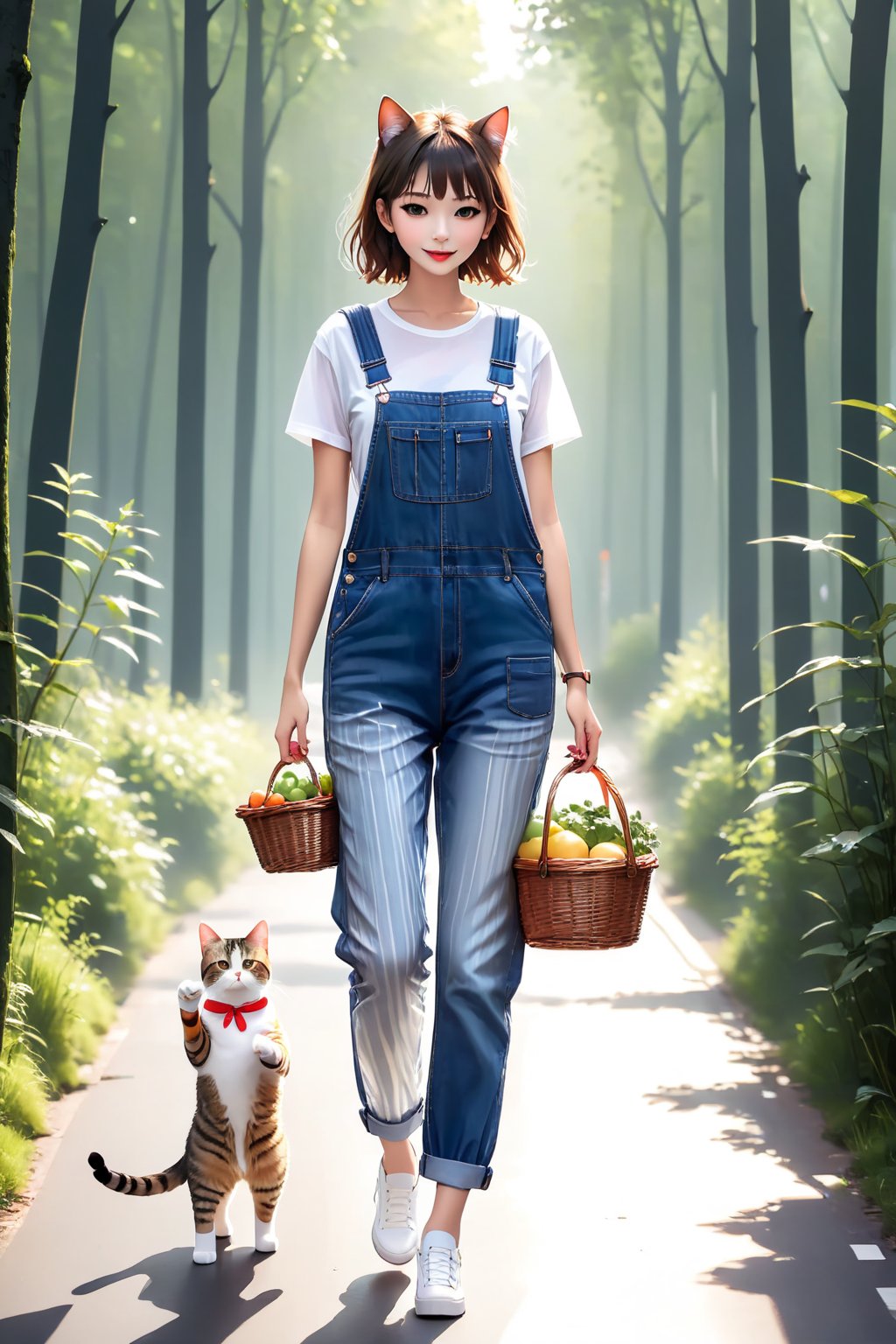 Cat wearing overalls and carrying a basket, street style, wearing blue jeans, white T-shirt with transparent/translucent effect, forest style, stripes, urban street life scene, -ar 9:16, long legs and hot body, more Multi-detail XL