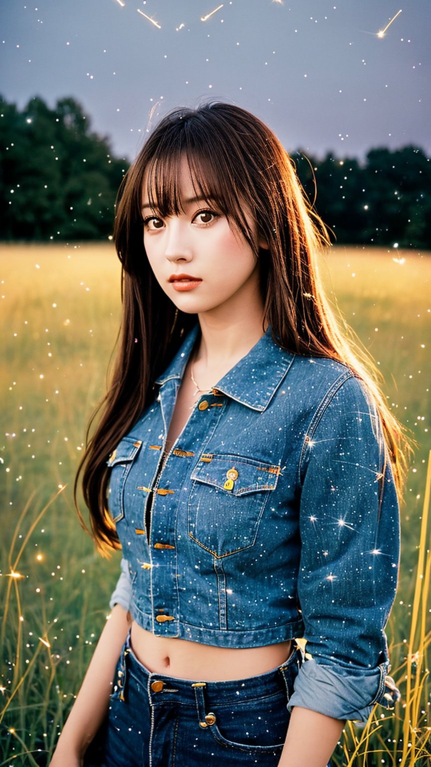 fashion portrait photo of beautiful young woman from the 60s wearing casual clothes standing in the middle of a open space meadow, taken on a hasselblad medium format camera, ((closeup top shot)), ((fireflies)),