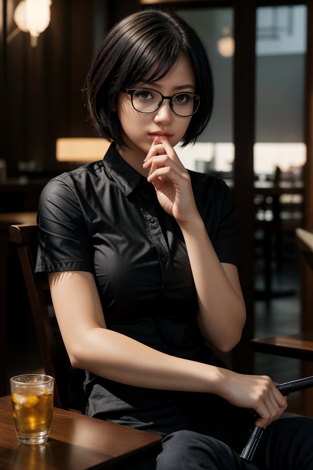 1girl, solo, looking at viewer, short hair, shirt, black hair, holding, sitting, short sleeves, glasses, indoors, black eyes, cup, lips, gun, black shirt, table, drinking glass, realistic