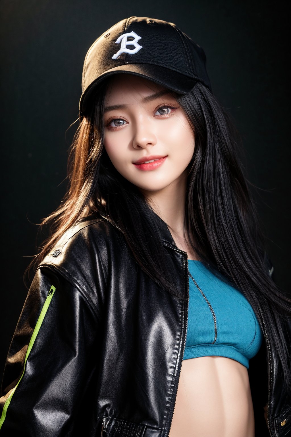 4k,best quality,masterpiece,20yo 1girl,(cropped jacket),(demin pant), alluring smile,baseball cap,

(Beautiful and detailed eyes),
Detailed face, detailed eyes, double eyelids ,thin face, real hands, muscular fit body, semi visible abs, ((short hair with long locks:1.2)), black hair, black background,


real person, color splash style photo,
