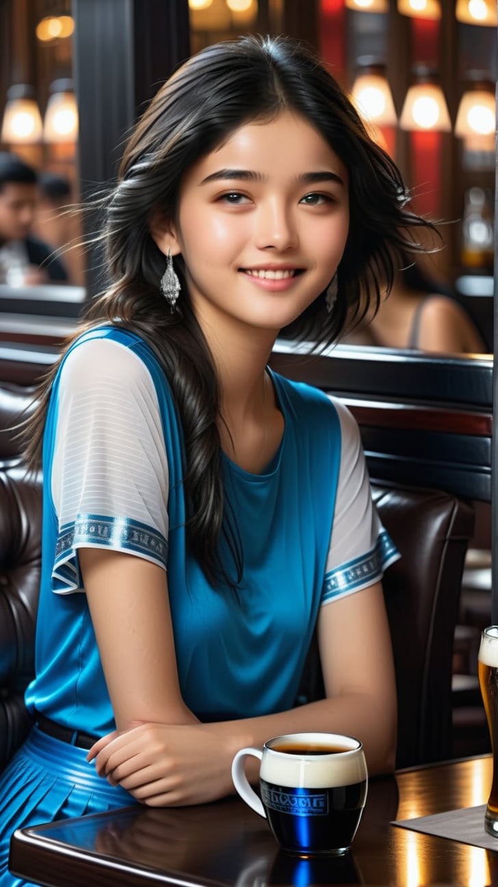 Hyper-Realistic photo of a girl sitting in a restaurant,18yo,1girl,solo,Sean teenage \(in Blade Runner\),detailed exquisite face,detailed soft shiny skin,lips,smile,perfect female form,looking at viewer,long black hair,[Baby black and White colors],elegant outfit,close up
BREAK
backdrop of beautiful restaurant,sitting on a couch, table,beer mug,(girl focus)
BREAK
(rule of thirds:1.3),perfect composition,studio photo,trending on artstation,depth of perspective,(Masterpiece,Best quality,32k,UHD:1.4),(sharp focus,high contrast,HDR,hyper-detailed,intricate details,ultra-realistic,award-winning photo,ultra-clear,kodachrome 800:1.3),(chiaroscuro lighting:1.3),by Antonio Lopez, Diego Koi,Karol Bak and Hayao Miyazaki,photo_b00ster, real_booster,art_booster, indian 